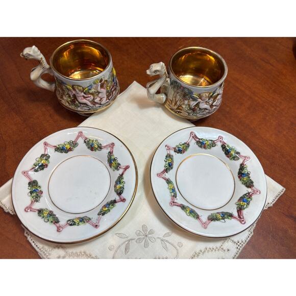 Vintage Italian Capodimonte Dragon Cherub Tea cup and saucers (Set of 2) - Picture 3 of 12